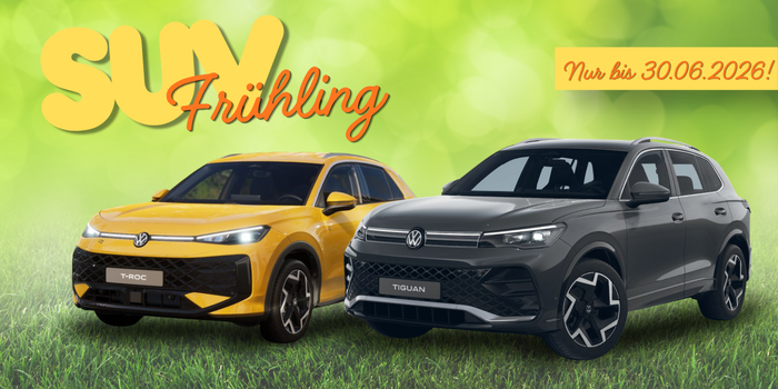SUV Fr&uuml;hling: T-Roc R-Line und Tiguan R-Line auf einem gr&uuml;nen Rasen