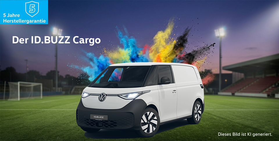 VW NFZ ID.Buzz Cargo in wei&szlig;, mit Fu&szlig;ballfeld im Hintergrund und Holi Farben
