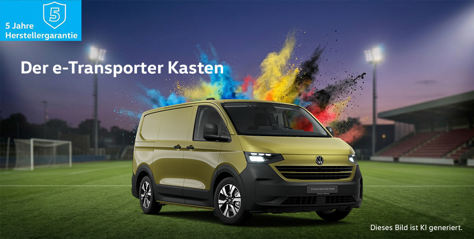VW NFZ e-Transporter Kasten in gr&uuml;n, mit Fu&szlig;ballfeld im Hintergrund und Holi Farben